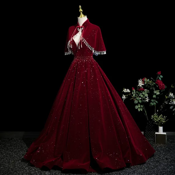 Demure Burgundy Sequins Prom Dresses 2025 A-Line / Princess Spaghetti Straps Sleeveless Backless Floor-Length / Long Formal Dresses