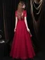 Élégant Bordeaux Robe De Soirée 2021 Princesse Col Haut Perlage Paillettes Manches Courtes Dos Nu Longue Robe De Ceremonie