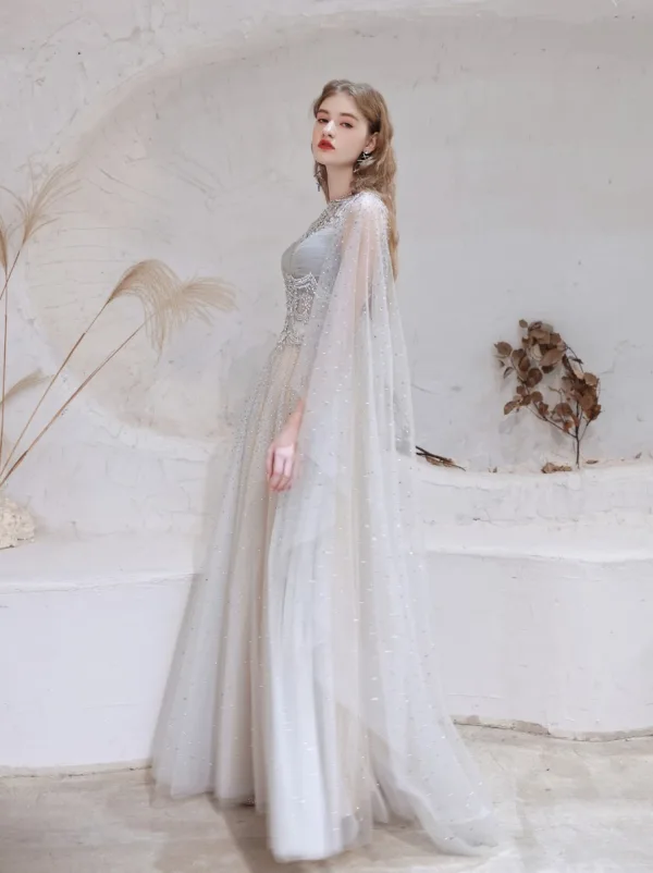 Charming High-end Grey Evening Dresses 2021 A-Line / Princess Scoop Neck Beading Rhinestone Sequins Sleeveless Floor-Length / Long Evening Party Formal Dresses