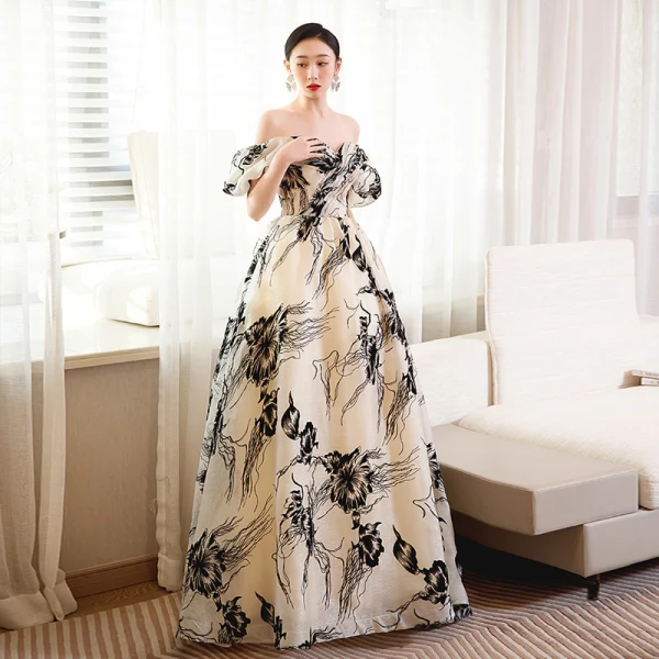 Fashion Champagne Prom Dresses 2023 A-Line / Princess Off-The-Shoulder Short Sleeve Backless Floor-Length / Long Prom Formal Dresses