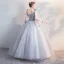 Chic / Beautiful Grey Quinceañera Prom Dresses 2018 Ball Gown Lace Appliques Bow V-Neck Backless Sleeveless Floor-Length / Long Formal Dresses