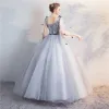Chic / Beautiful Grey Quinceañera Prom Dresses 2018 Ball Gown Lace Appliques Bow V-Neck Backless Sleeveless Floor-Length / Long Formal Dresses