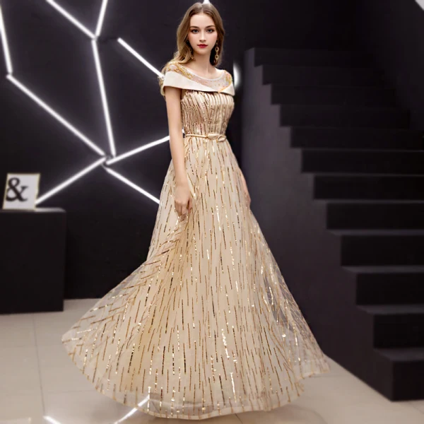 Modern / Fashion Gold Evening Dresses 2019 A-Line / Princess Scoop Neck Beading Sequins Short Sleeve Backless Metal Sash Floor-Length / Long Formal Dresses