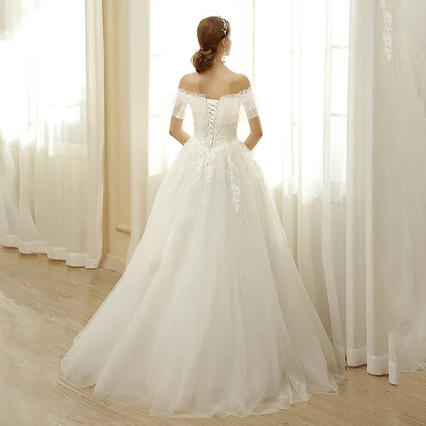 Affordable Ivory Wedding Dresses 2019 A-Line / Princess Off-The-Shoulder Lace Flower Short Sleeve Backless Floor-Length / Long