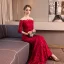 Charmant Bordeaux Robe De Soirée 2019 Trompette / Sirène De l'épaule En Dentelle Fleur Paillettes 1/2 Manches Dos Nu Noeud Longue Robe De Ceremonie