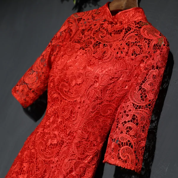 Style Chinois Rouge Robe De Soirée 2019 Trompette / Sirène Col Haut Transparentes Dentelle Fleur 1/2 Manches Longue Robe De Ceremonie