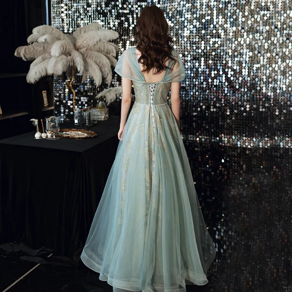 Fashion Green Evening Dresses  2021 A-Line / Princess Square Neckline Sequins Lace Flower Sleeveless Backless Floor-Length / Long Evening Party Formal Dresses