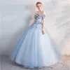 Chic / Beautiful Sky Blue Quinceañera Prom Dresses 2018 Ball Gown Appliques Pearl Off-The-Shoulder Backless Short Sleeve Floor-Length / Long Formal Dresses