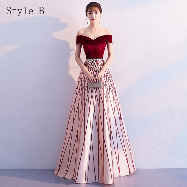 Chic / Beautiful Burgundy Evening Dresses  2019 A-Line / Princess Off-The-Shoulder Suede Short Sleeve Backless Striped Floor-Length / Long Formal Dresses