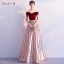 Chic / Beautiful Burgundy Evening Dresses  2019 A-Line / Princess Off-The-Shoulder Suede Short Sleeve Backless Striped Floor-Length / Long Formal Dresses