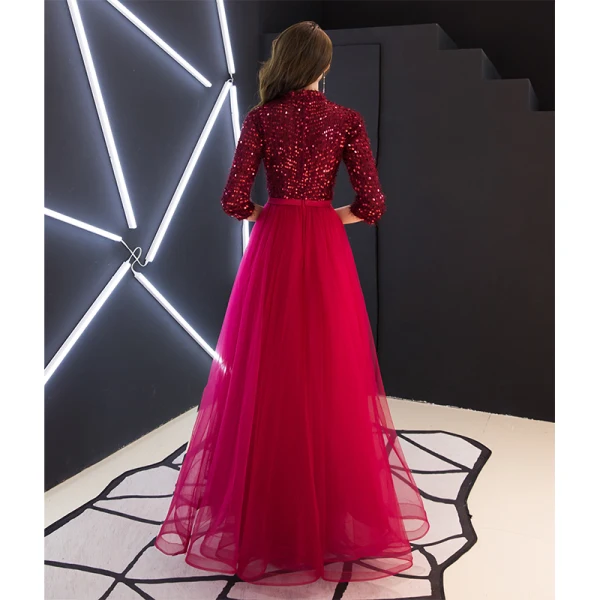 Chinese style Burgundy Evening Dresses 2019 A-Line / Princess High Neck Tassel Sequins Bow 1/2 Sleeves Floor-Length / Long Formal Dresses