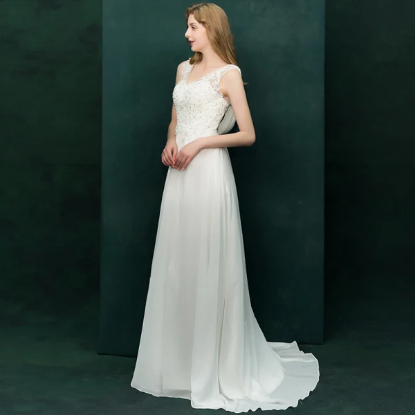 Moderne / Mode Ivoire Robe De Soirée 2019 Princesse V-Cou Appliques En Dentelle Paillettes Sans Manches Dos Nu Train De Balayage Robe De Ceremonie
