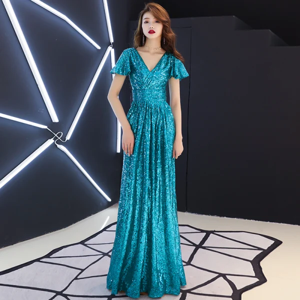 Scintillantes Bleu Marine Paillettes Robe De Soirée 2019 Princesse V-Cou Manches Courtes Dos Nu Longue Robe De Ceremonie