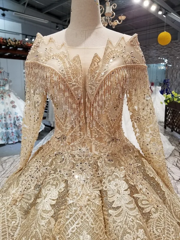 Luxe Doré Robe De Mariée 2019 Robe Boule Glitter Tulle Encolure Dégagée Perlage Cristal Gland En Dentelle Fleur Manches Longues Dos Nu Royal Train