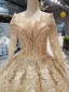 Luxe Doré Robe De Mariée 2019 Robe Boule Glitter Tulle Encolure Dégagée Perlage Cristal Gland En Dentelle Fleur Manches Longues Dos Nu Royal Train