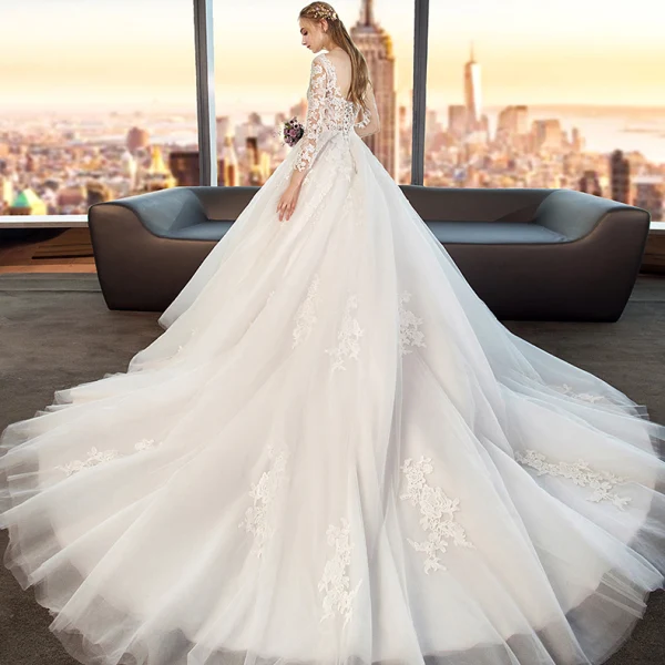 Modest / Simple White Wedding Dresses 2019 A-Line / Princess Scoop Neck See-through Lace Flower 3/4 Sleeve Backless Cathedral Train