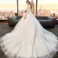 Modest / Simple White Wedding Dresses 2019 A-Line / Princess Scoop Neck See-through Lace Flower 3/4 Sleeve Backless Cathedral Train