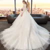 Modest / Simple White Wedding Dresses 2019 A-Line / Princess Scoop Neck See-through Lace Flower 3/4 Sleeve Backless Cathedral Train