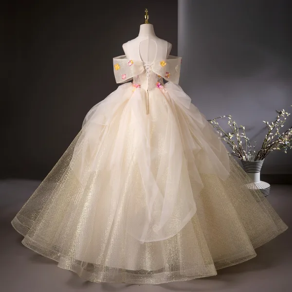 Flower Fairy Champagne Beading Lace Flower Appliques Sequins Prom Dresses 2025 Ball Gown Floor-Length / Long Scoop Neck Short Sleeve Prom Formal Dresses