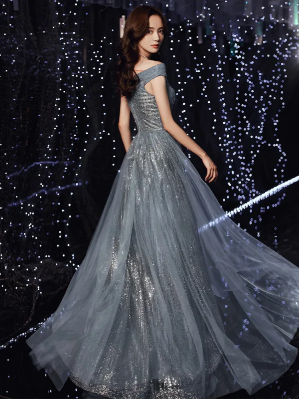Charmant Océan Bleu Robe De Soirée 2021 Princesse De l'épaule Glitter Paillettes Sans Manches Dos Nu Longue Soirée Robe De Ceremonie
