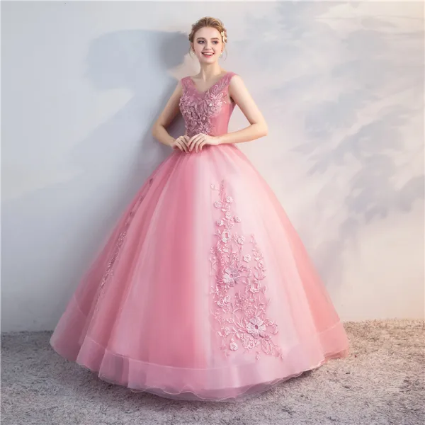 Chic / Beautiful Candy Pink Quinceañera Prom Dresses 2018 Ball Gown Lace Flower Pearl V-Neck Backless Sleeveless Floor-Length / Long Formal Dresses