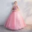 Chic / Beautiful Candy Pink Quinceañera Prom Dresses 2018 Ball Gown Lace Flower Pearl V-Neck Backless Sleeveless Floor-Length / Long Formal Dresses