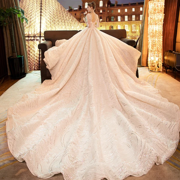 Luxury / Gorgeous Champagne Wedding Dresses 2019 A-Line / Princess Scoop Neck Lace Flower Appliques 3/4 Sleeve Backless Glitter Tulle Royal Train