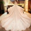 Luxury / Gorgeous Champagne Wedding Dresses 2019 A-Line / Princess Scoop Neck Lace Flower Appliques 3/4 Sleeve Backless Glitter Tulle Royal Train