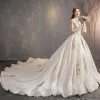 Vintage / Retro Chinese style Champagne Wedding Dresses 2019 A-Line / Princess High Neck Lace Flower Cap Sleeves Backless Royal Train