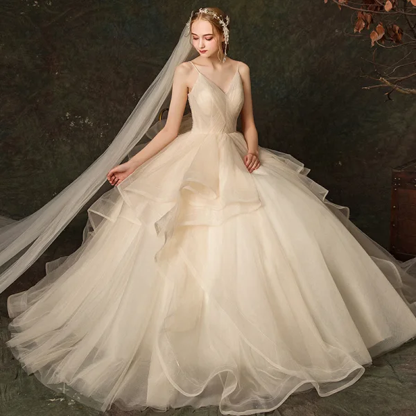 Elegant Champagne Wedding Dresses 2019 Ball Gown Backless Spaghetti Straps Sleeveless Cascading Ruffles Floor-Length / Long