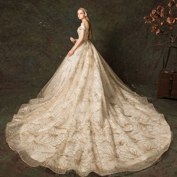 Elegant Champagne Wedding Dresses 2019 A-Line / Princess Off-The-Shoulder Glitter Embroidered Short Sleeve Backless Royal Train