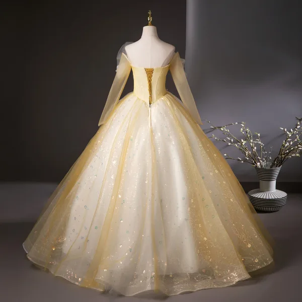 Chic / Beautiful Yellow Appliques Sequins Prom Dresses 2025 Ball Gown Off-The-Shoulder Long Sleeve Backless Floor-Length / Long Prom Formal Dresses