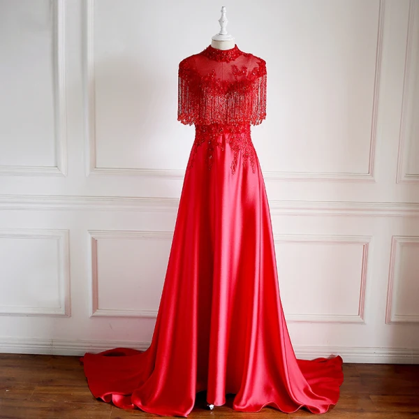 Luxury / Gorgeous Pearl Pink Evening Dresses 2018 A-Line / Princess Handmade Beading Tassel Crystal Sequins Appliques Scoop Neck Backless Short Sleeve Court Train Formal Dresses