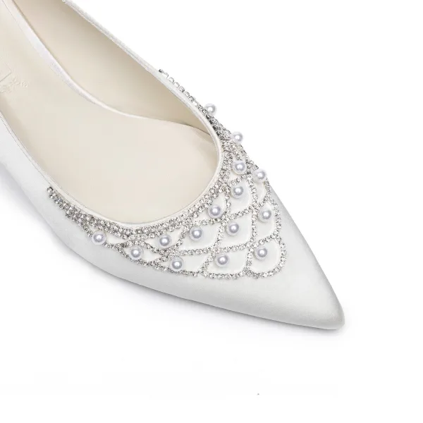 Élégant Ivoire Perle Faux Diamant Chaussure De Mariée 2021 Cuir Satin 7 cm Talons Aiguilles À Bout Pointu Mariage Escarpins Talons Hauts
