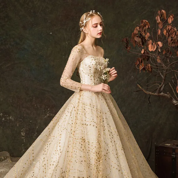 Scintillantes Champagne Robe De Mariée 2019 Princesse Encolure Carrée Glitter Brodé 3/4 Manches Dos Nu Royal Train