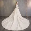 Elegant Champagne Wedding Dresses 2019 A-Line / Princess Scoop Neck Appliques Lace Flower Sequins 3/4 Sleeve Backless Royal Train