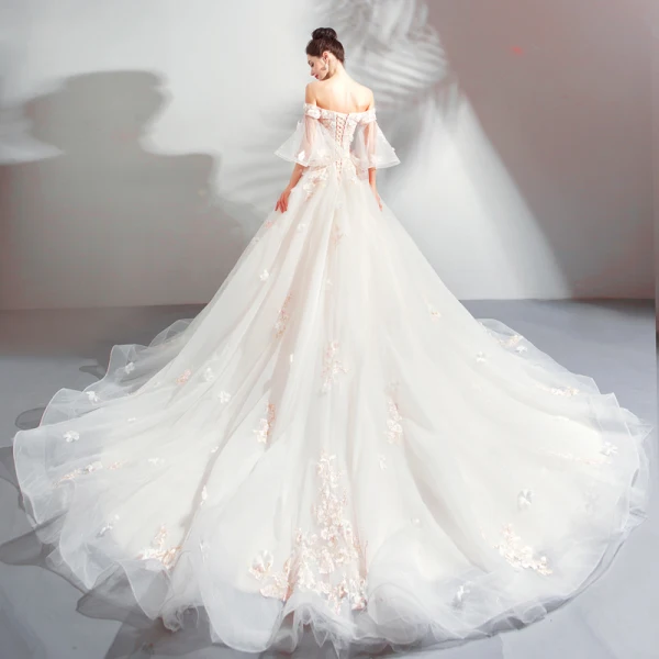 Charming Champagne Wedding Dresses 2019 A-Line / Princess Off-The-Shoulder Appliques Embroidered Pearl 3/4 Sleeve Backless Cathedral Train