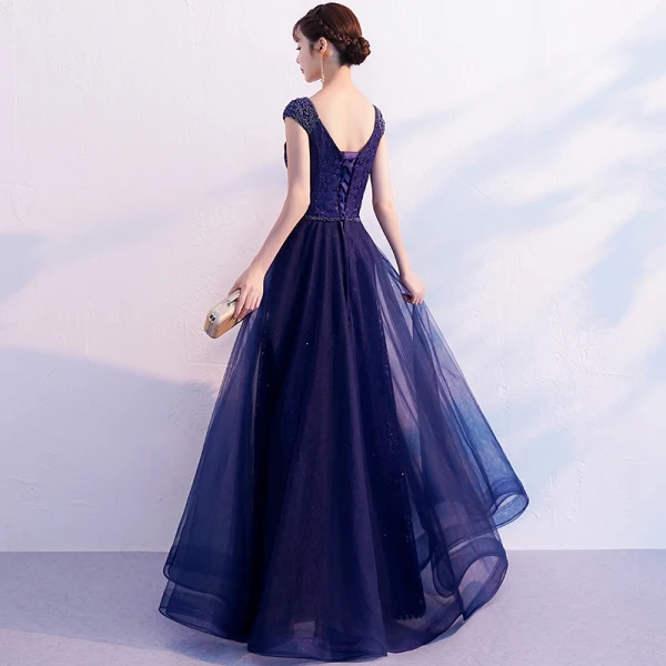 Chic / Beautiful Navy Blue Evening Dresses  2019 A-Line / Princess V-Neck Beading Lace Flower Bow Sleeveless Backless Floor-Length / Long Formal Dresses