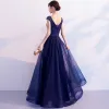 Chic / Beautiful Navy Blue Evening Dresses  2019 A-Line / Princess V-Neck Beading Lace Flower Bow Sleeveless Backless Floor-Length / Long Formal Dresses