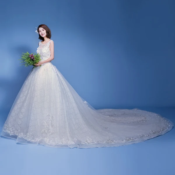 Élégant Ivoire Robe De Mariée 2019 Princesse Encolure Dégagée Appliques Perle En Dentelle Fleur Sans Manches Dos Nu Cathedral Train