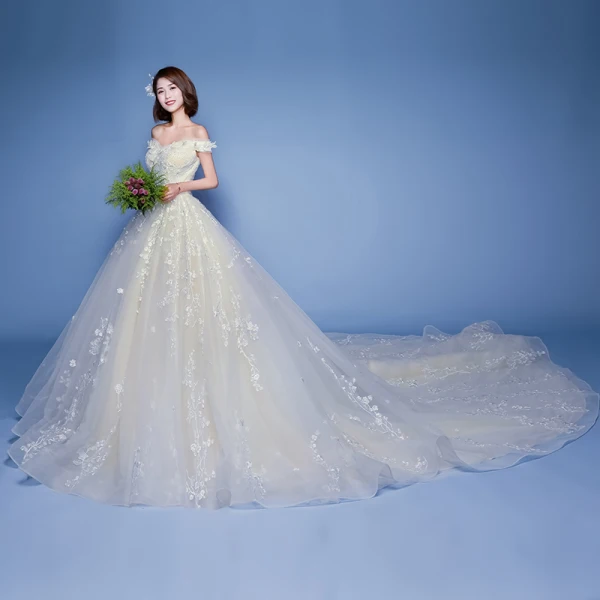 Charming Champagne Wedding Dresses 2019 A-Line / Princess Off-The-Shoulder Beading Appliques Lace Flower Short Sleeve Backless Royal Train