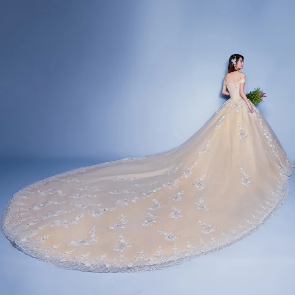 Luxe Champagne Trouwjurken 2019 A lijn Uit De Schouder Appliques Kant Bloem Pailletten Mouwloos Ruglooze Royal Train