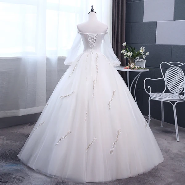 Elegant Ivory Wedding Dresses 2018 Ball Gown Embroidered Off-The-Shoulder Long Sleeve Backless Floor-Length / Long Wedding