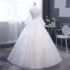 Elegant Ivory Wedding Dresses 2018 Ball Gown Embroidered Off-The-Shoulder Long Sleeve Backless Floor-Length / Long Wedding
