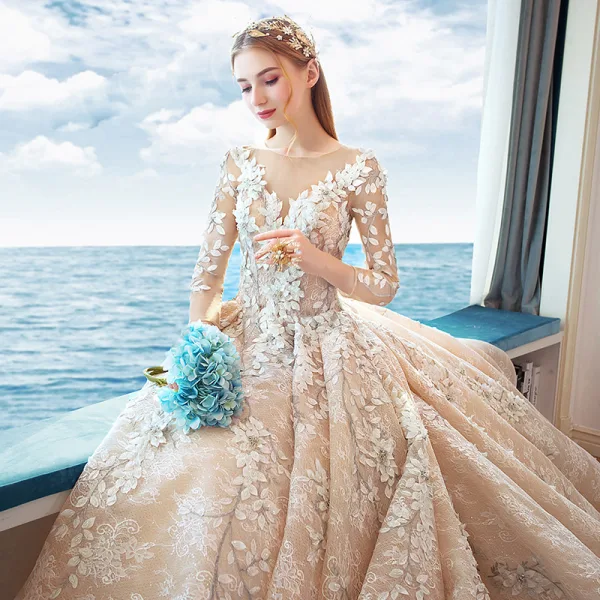 Luxury / Gorgeous Champagne Handmade Beading Wedding Dresses 2019 A-Line / Princess Scoop Neck Appliques Lace Crystal 3/4 Sleeve Backless Royal Train