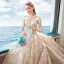 Luxury / Gorgeous Champagne Handmade  Beading Wedding Dresses 2019 A-Line / Princess Scoop Neck Appliques Lace Crystal 3/4 Sleeve Backless Royal Train