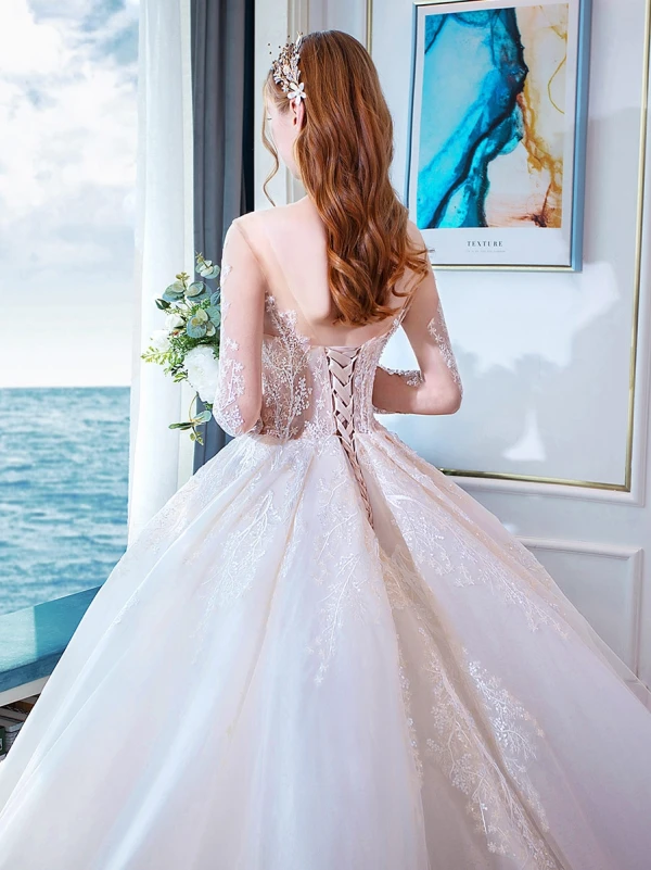 Élégant Ivoire Robe De Mariée 2019 Princesse Encolure Dégagée En Dentelle Fleur 3/4 Manches Dos Nu Cathedral Train
