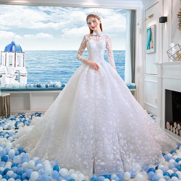 Chinese style Ivory Beading Wedding Dresses 2019 A-Line / Princess High Neck Bow Pearl Lace Flower Rhinestone Tassel Sequins 3/4 Sleeve Royal Train