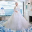 Chinese style Ivory Beading Wedding Dresses 2019 A-Line / Princess High Neck Bow Pearl Lace Flower Rhinestone Tassel Sequins 3/4 Sleeve Royal Train