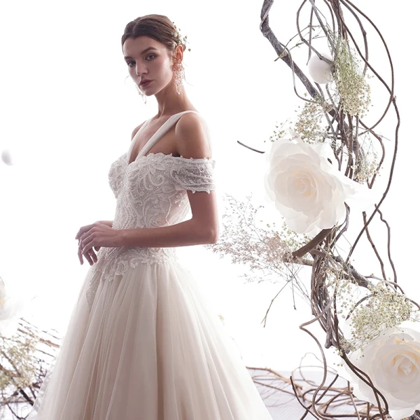 Elegant Champagne Wedding Dresses 2019 A-Line / Princess Off-The-Shoulder Beading Lace Flower Short Sleeve Backless Floor-Length / Long